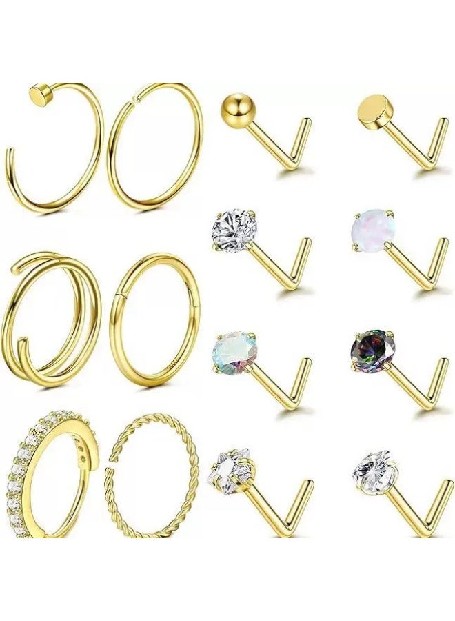 أوليس فيرس  مجموعة 14 قطعة من خواتم وبراغم الأنف الذهبية - فولاذ التيتانيوم غير مسبب للحساسية، براغم أنف على شكل L ومنحنية، مجوهرات ثقب الأنف المزينة بالكريستال الملون للنساء والرجال - Image 1